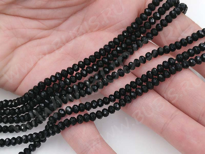 (ОПТ) Бусина каменная Рондель 17 ГРАНЁНЫЙ 4*4*2,5мм Агат чёрный натуральный (камни) (НИТЬ)