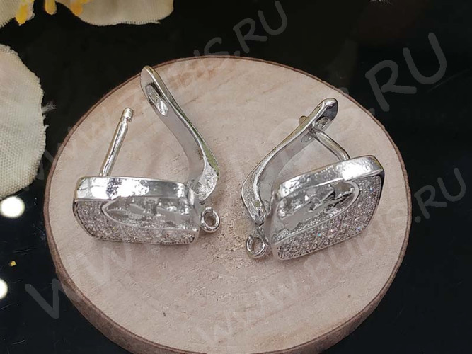 Швензы с английским замком №90 с инкрустацией кубическим цирконием 18*15*12,5мм цвет платины и прозрачные (Milano LUX) (Brass и фианит) (1 пара)