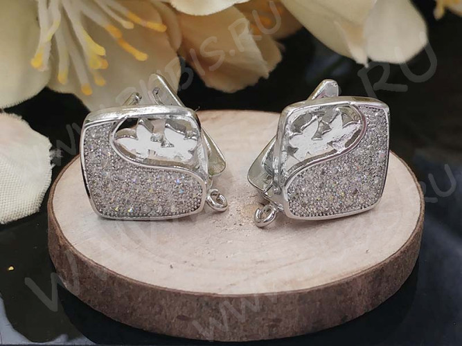 Швензы с английским замком №90 с инкрустацией кубическим цирконием 18*15*12,5мм цвет платины и прозрачные (Milano LUX) (Brass и фианит) (1 пара)