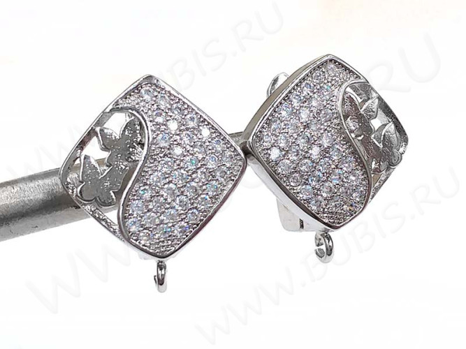 Швензы с английским замком №90 с инкрустацией кубическим цирконием 18*15*12,5мм цвет платины и прозрачные (Milano LUX) (Brass и фианит) (1 пара)