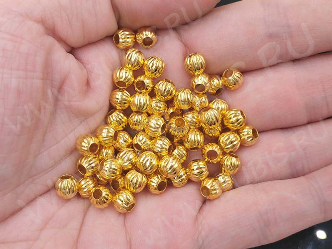 (СКИДКИ!!!) Бусина металлическая Шарик "Тыковка" 6*6*5,5мм золотистый (Iron) (50шт.)