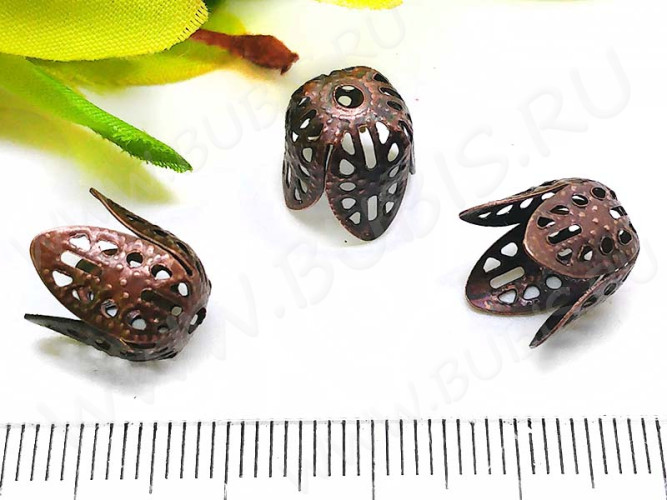 (ОПТ) Шапочка тонкая 060 ажурная Тюльпанчик 11*10,5*10,5мм античная медь (Iron) (имитация скани) (100шт.)