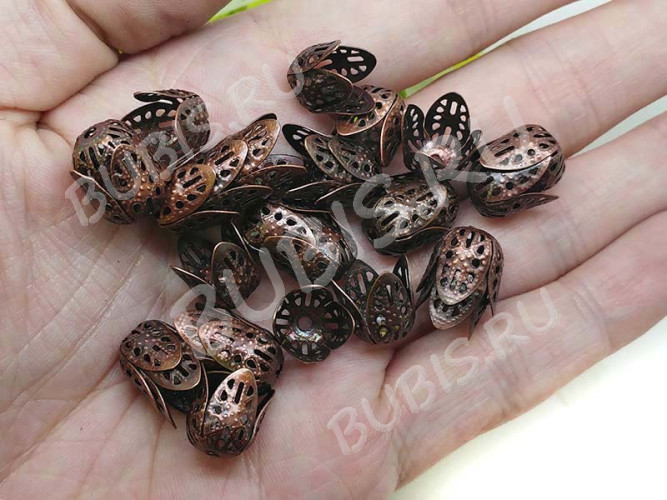 (ОПТ) Шапочка тонкая 060 ажурная Тюльпанчик 11*10,5*10,5мм античная медь (Iron) (имитация скани) (100шт.)