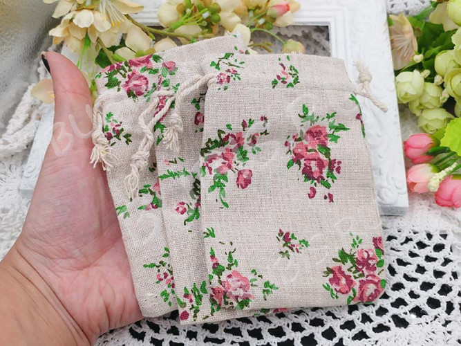 Мешочек холщовый 02 14*10см льняной с цветочками (ткань) (упаковка для украшений)