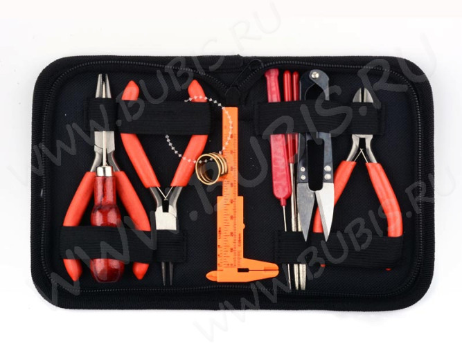 Комплект инструментов 08 набор в "кожаном" органайзере 10 предметов 15,5*11*2,8см чёрный (инструменты для бижутерии)