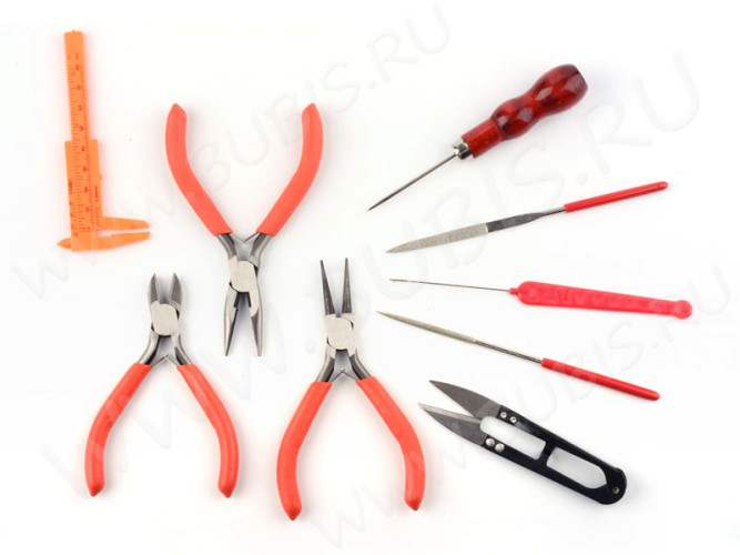 Комплект инструментов 08 набор в "кожаном" органайзере 10 предметов 15,5*11*2,8см чёрный (инструменты для бижутерии)