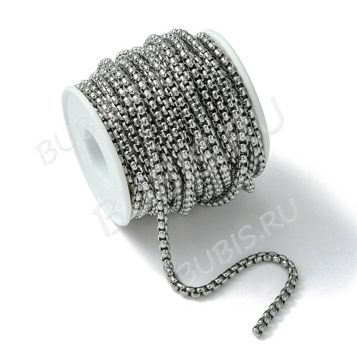 Цепочка S114 Ювелирная сталь Ролло (Rolo) квадрат "Коробок" 3*3мм цвет платины (Хирургическая сталь)(50см)