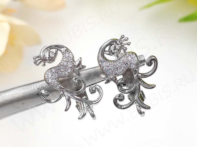 Швензы с английским замком №91 с инкрустацией кубическим цирконием 18*13*11мм цвет платины и прозрачные (Milano LUX) (Brass и фианит) (1 пара)