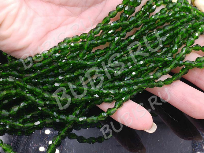 Бусина Капля гранёная 6*4*4мм т.зелёная прозрачная (имитация Сваровски) (10шт.)
