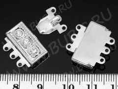 Замочек-застёжка №31 на 3 нити со стразами 18,5*18*4,5мм серебристый (Brass)