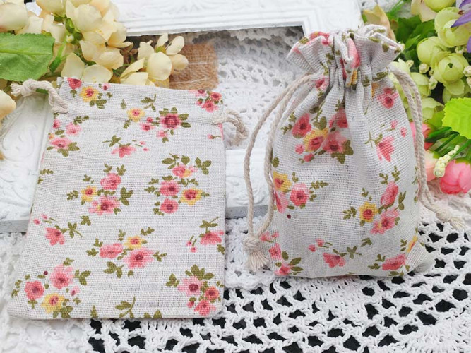 Мешочек холщовый 03 14*10см льняной с цветочками (ткань) (упаковка для украшений)