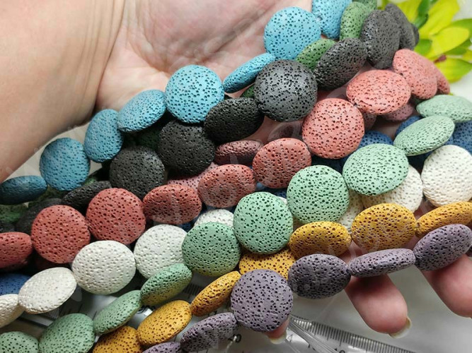 (ОПТ) Бусина каменная Круг 16 лепёшка 20*20*7,5мм Лава вулканическая чёрная (камни) (НИТЬ)