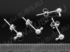 Пуссеты (&quot;гвоздики&quot;) №010 с шариком 4мм и петелькой 15*6*0,7мм серебристые (Brass) (1 пара)