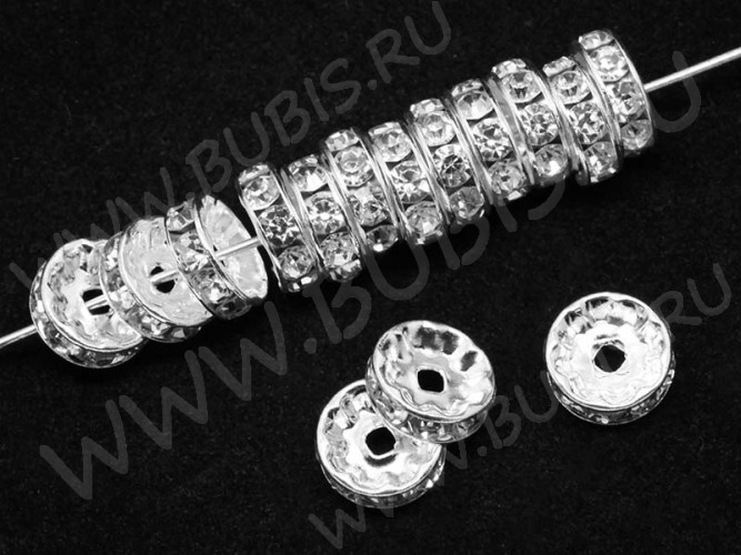 Рондель со стразами 14 10*10*4мм серебристо-прозрачный (Brass и стекло)
