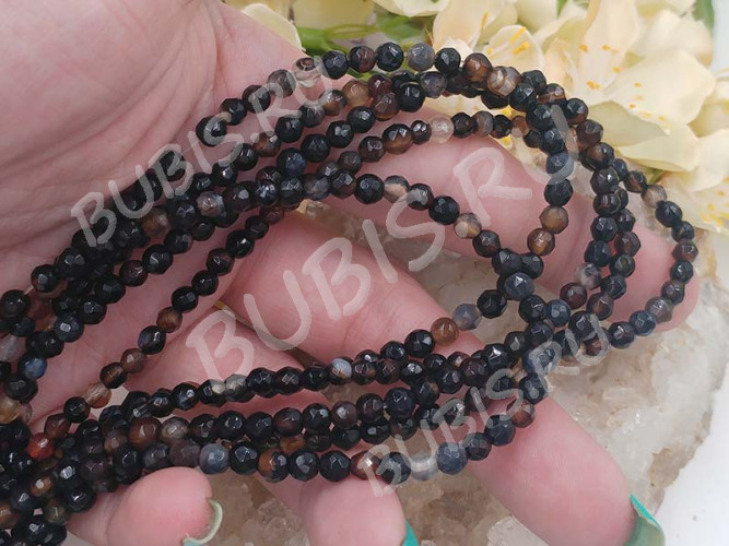 (ОПТ) Бусина округлая ГРАНЁНАЯ 4мм Агат коричнево-чёрный натуральный (камни) (НИТЬ)