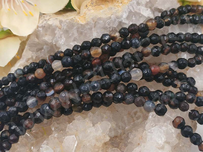 (ОПТ) Бусина округлая ГРАНЁНАЯ 4мм Агат коричнево-чёрный натуральный (камни) (НИТЬ)