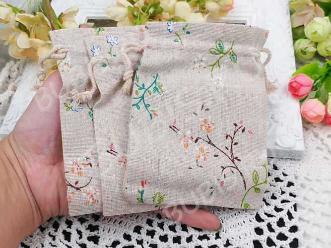 Мешочек холщовый 04 14*10см льняной с цветочками (ткань) (упаковка для украшений)