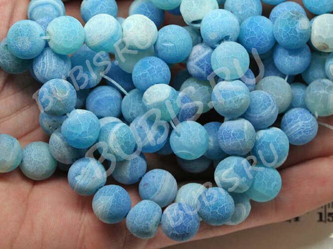 (ОПТ) Бусина округлая 10мм матовый Агат кракле голубой полупрозрачный (камни) (НИТЬ)