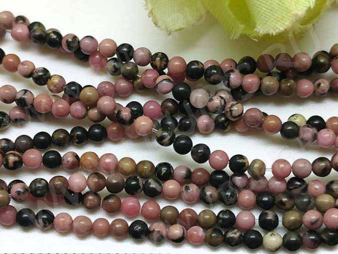 (ОПТ) Бусина округлая 4мм Родонит натуральный (камни) (НИТЬ)