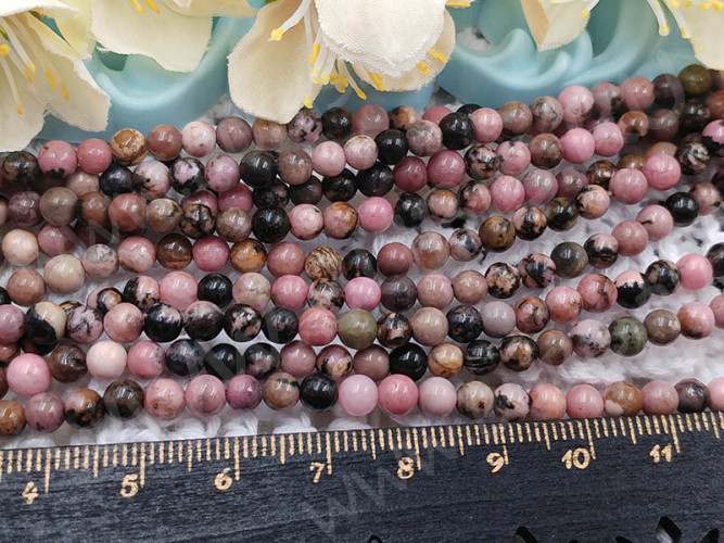 (ОПТ) Бусина округлая 4мм Родонит натуральный (камни) (НИТЬ)