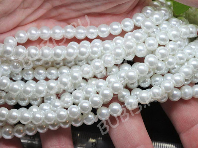 (ОПТ) Бусина округлая "жемчуг" 5мм белая жемчужная (стекло) (НИТЬ)