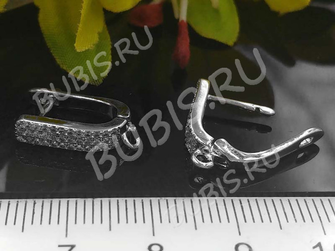 Швензы с английским замком №59 с инкрустацией кубическим цирконием 17*10,5*4мм цвет платины и прозрачные (Milano LUX) (Brass и фианит) (1 пара)