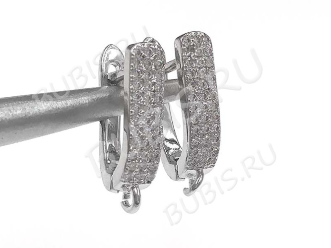 Швензы с английским замком №59 с инкрустацией кубическим цирконием 17*10,5*4мм цвет платины и прозрачные (Milano LUX) (Brass и фианит) (1 пара)