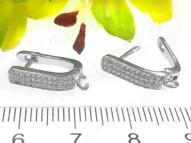 Швензы с английским замком №59 с инкрустацией кубическим цирконием 17*10,5*4мм цвет платины и прозрачные (Milano LUX) (Brass и фианит) (1 пара)