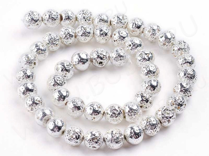 (ОПТ) Бусина округлая 8мм Лава вулканическая с гальваническим покрытием серебристая (камни) (НИТЬ)