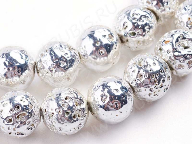 (ОПТ) Бусина округлая 8мм Лава вулканическая с гальваническим покрытием серебристая (камни) (НИТЬ)