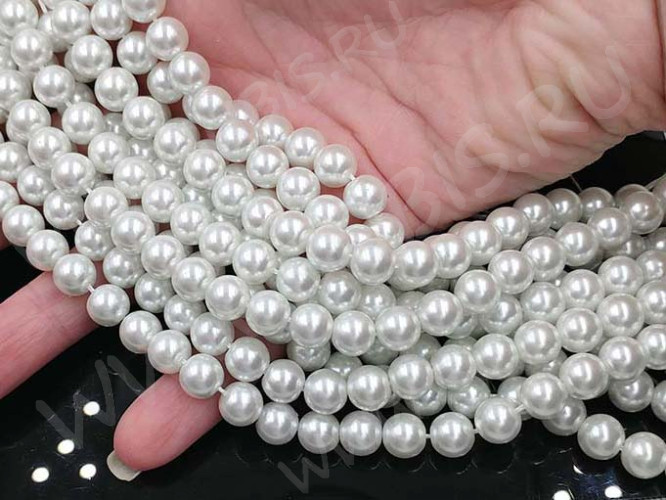 (ОПТ) Бусина "жемчуг" округлая "МАЙОРКА" 6мм белая жемчужная (стекло) (НИТЬ)
