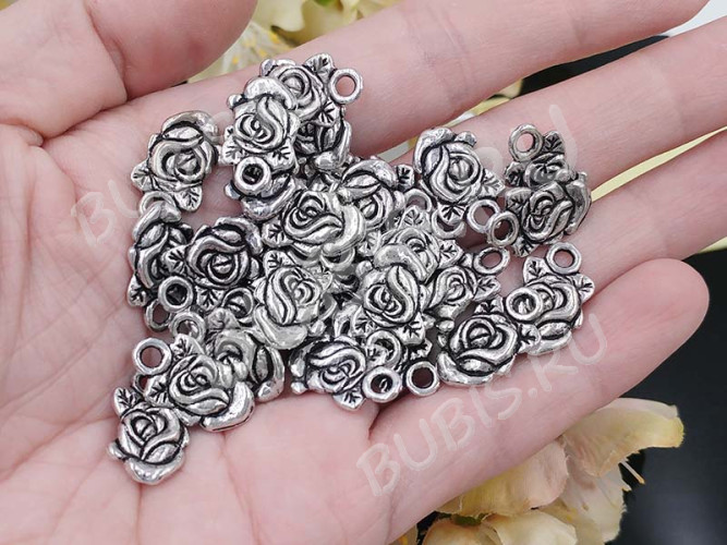 Подвеска Цветочек 09 двусторонняя Роза плоская 18*11*2мм античное серебро (литьё)