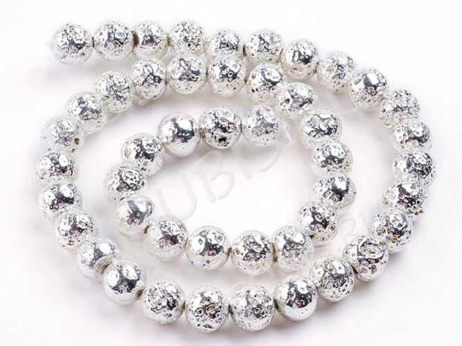 (ОПТ) Бусина округлая 10мм Лава вулканическая с гальваническим покрытием серебристая (камни) (НИТЬ)