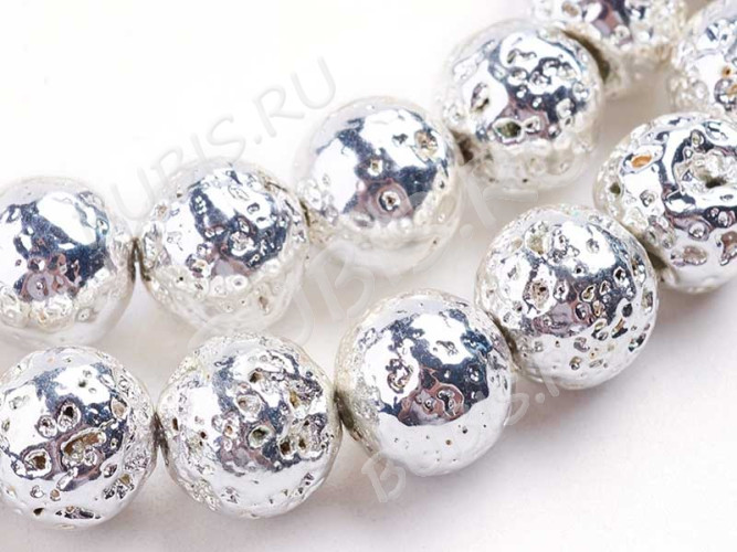 (ОПТ) Бусина округлая 10мм Лава вулканическая с гальваническим покрытием серебристая (камни) (НИТЬ)