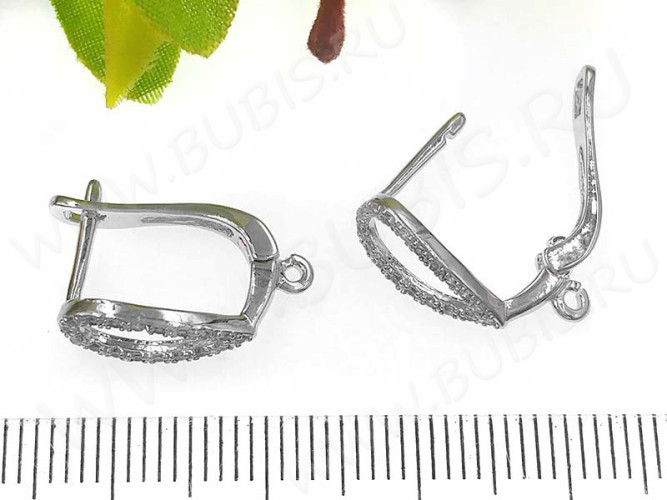 Швензы с английским замком №60 с инкрустацией кубическим цирконием 18*11,5*5,5мм цвет платины и прозрачные (Milano LUX) (Brass и фианит) (1 пара)