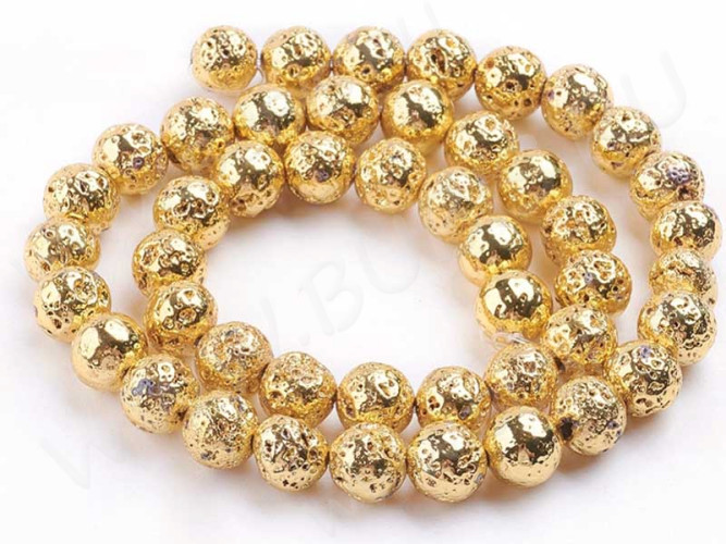 (ОПТ) Бусина округлая 8мм Лава вулканическая с гальваническим покрытием золотистая (камни) (НИТЬ)