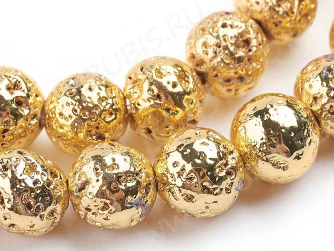(ОПТ) Бусина округлая 8мм Лава вулканическая с гальваническим покрытием золотистая (камни) (НИТЬ)