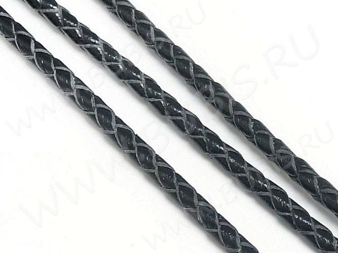 Шнур кожаный 55 натуральный плетёный круглый 3мм чёрный (1м)