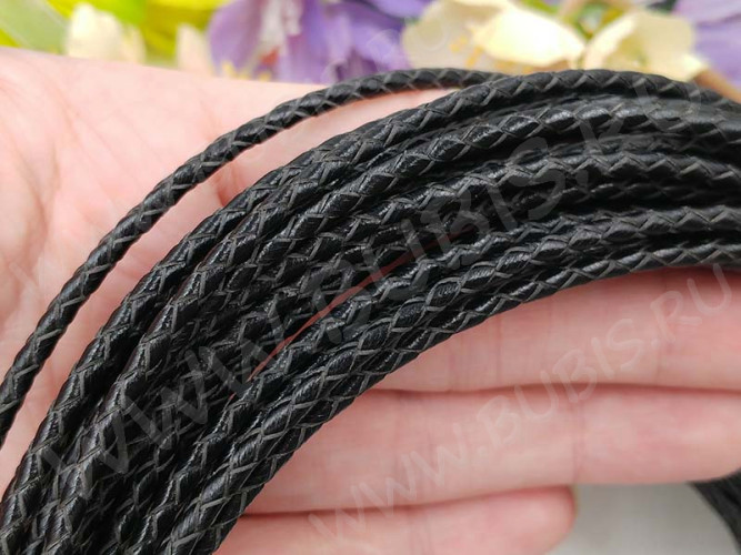 Шнур кожаный 55 натуральный плетёный круглый 3мм чёрный (1м)