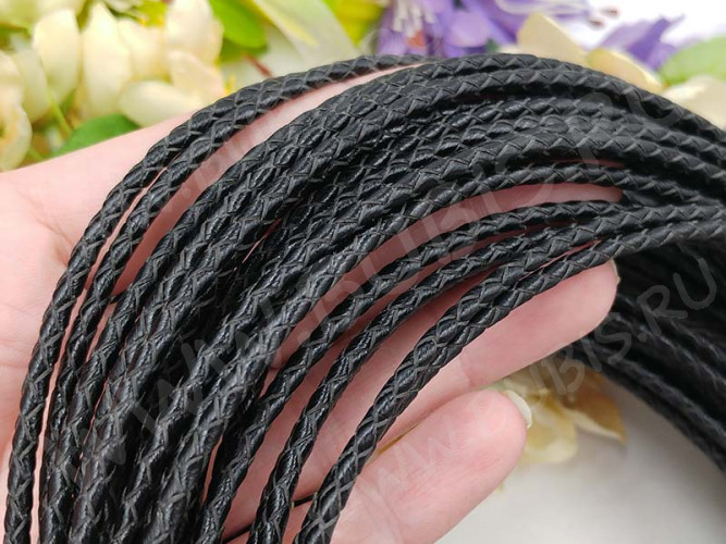 Шнур кожаный 55 натуральный плетёный круглый 3мм чёрный (1м)