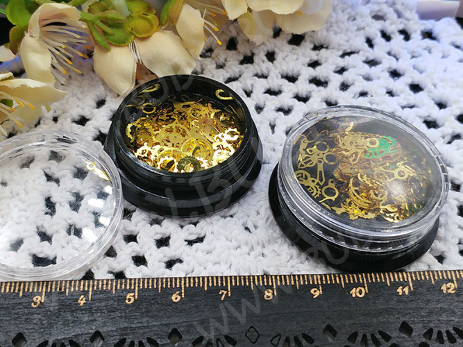 Наполнение для смолы и бутылочек 077 фигурки Шестерёнки и механизмы микс 3-8*0,1мм золотистые в контейнере (декор)