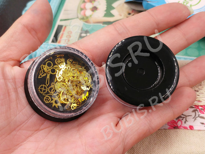 Наполнение для смолы и бутылочек 077 фигурки Шестерёнки и механизмы микс 3-8*0,1мм золотистые в контейнере (декор)