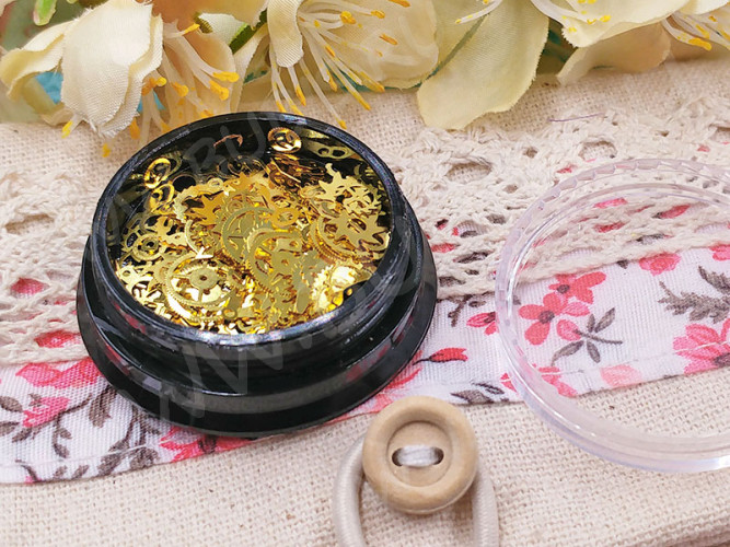 Наполнение для смолы и бутылочек 077 фигурки Шестерёнки и механизмы микс 3-8*0,1мм золотистые в контейнере (декор)