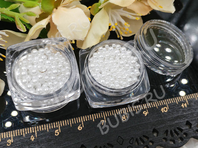 Наполнение для смолы и бутылочек 099 шарики без отверстий Bubis Crafts МИКС 2, 2,5 и 3мм жемчужных белых в контейнере (декор) (300шт.)