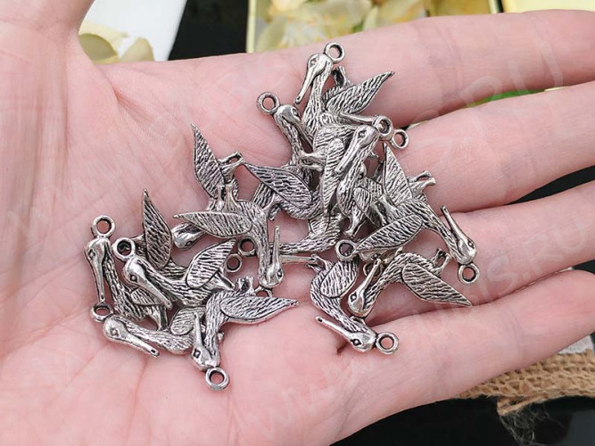 Подвеска Птичка 04 двусторонняя Пеликан 23,5*13*2,5мм античное серебро (литьё)