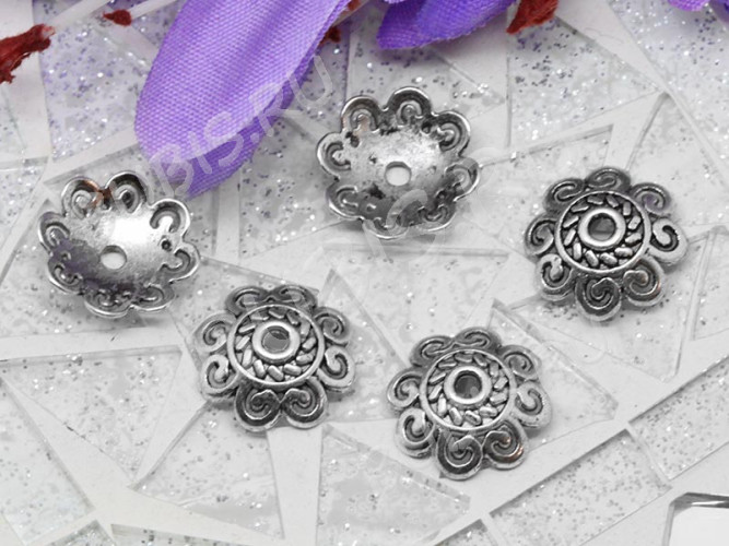 (СКИДКИ!!!) 169 Шапочка Завитки 12,5*12,5*3,5мм античное серебро (литьё) (10шт)
