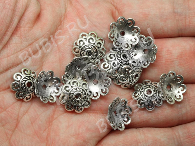 (СКИДКИ!!!) 169 Шапочка Завитки 12,5*12,5*3,5мм античное серебро (литьё) (10шт)