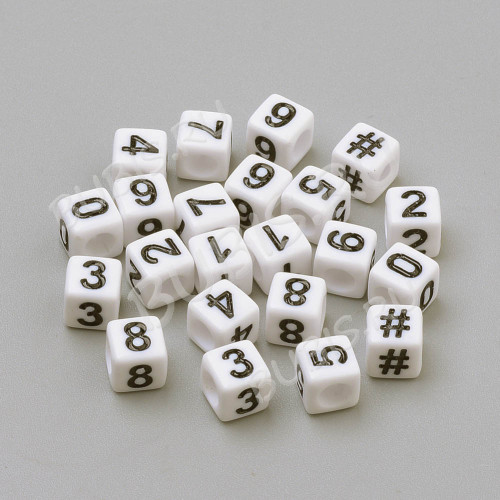 Бусина кубик 6*6мм с цифрой "7" бело-чёрный непрозрачный (акрил) 