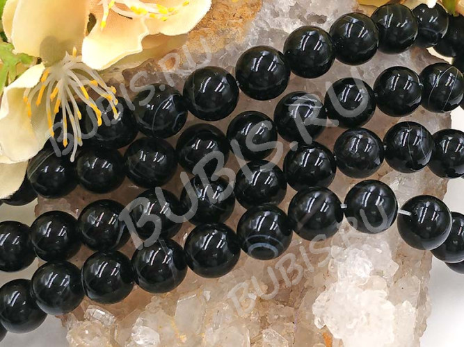 (ОПТ) Бусина округлая ГЛАДКАЯ 14мм Агат Мадагаскарский чёрный натуральный (камни) (НИТЬ)