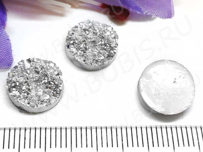 Кабошон декоративный 16 Круг с кристаллами 12*12*4,5мм серебристо-белый непрозрачный (резин)